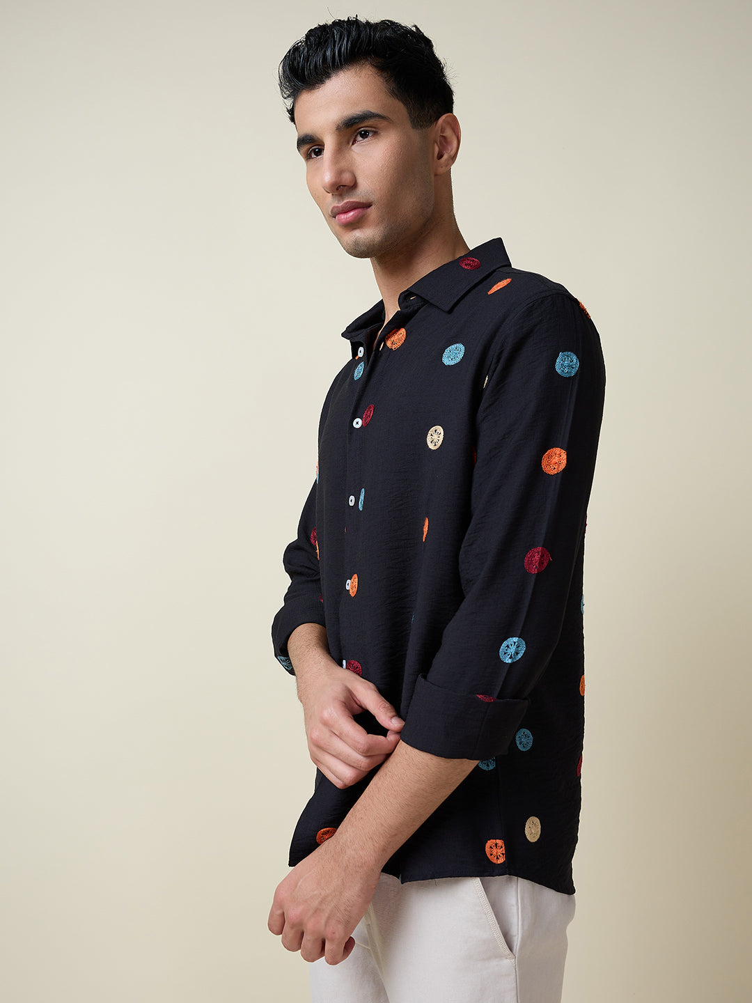 Thomas Scott Men Black Long Sleeves Spread Collar Slim Fit Embroidered Shirt