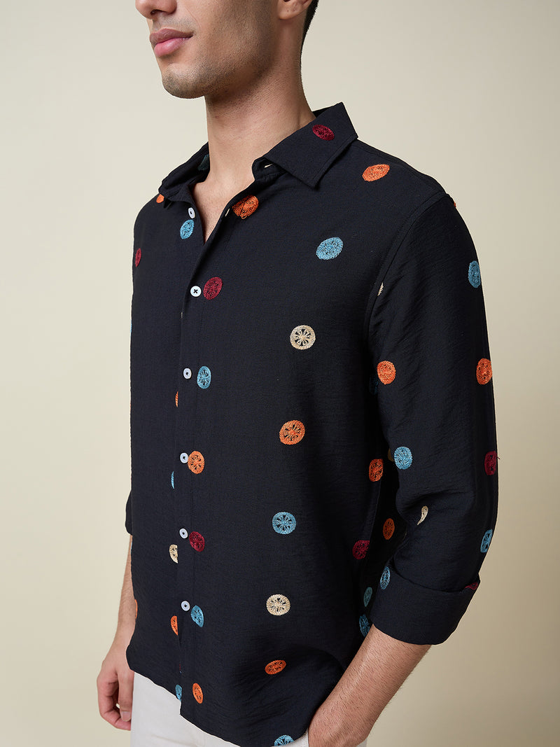 Thomas Scott Men Black Long Sleeves Spread Collar Slim Fit Embroidered Shirt