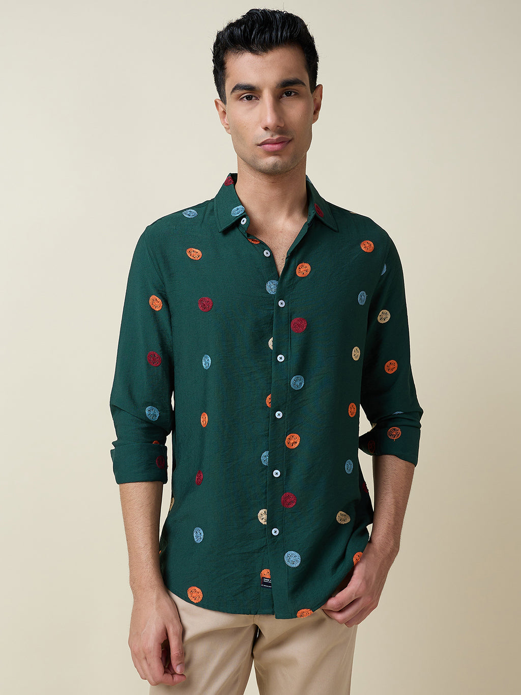 Thomas Scott Men Dk.Green Long Sleeves Spread Collar Slim Fit Embroidered Shirt