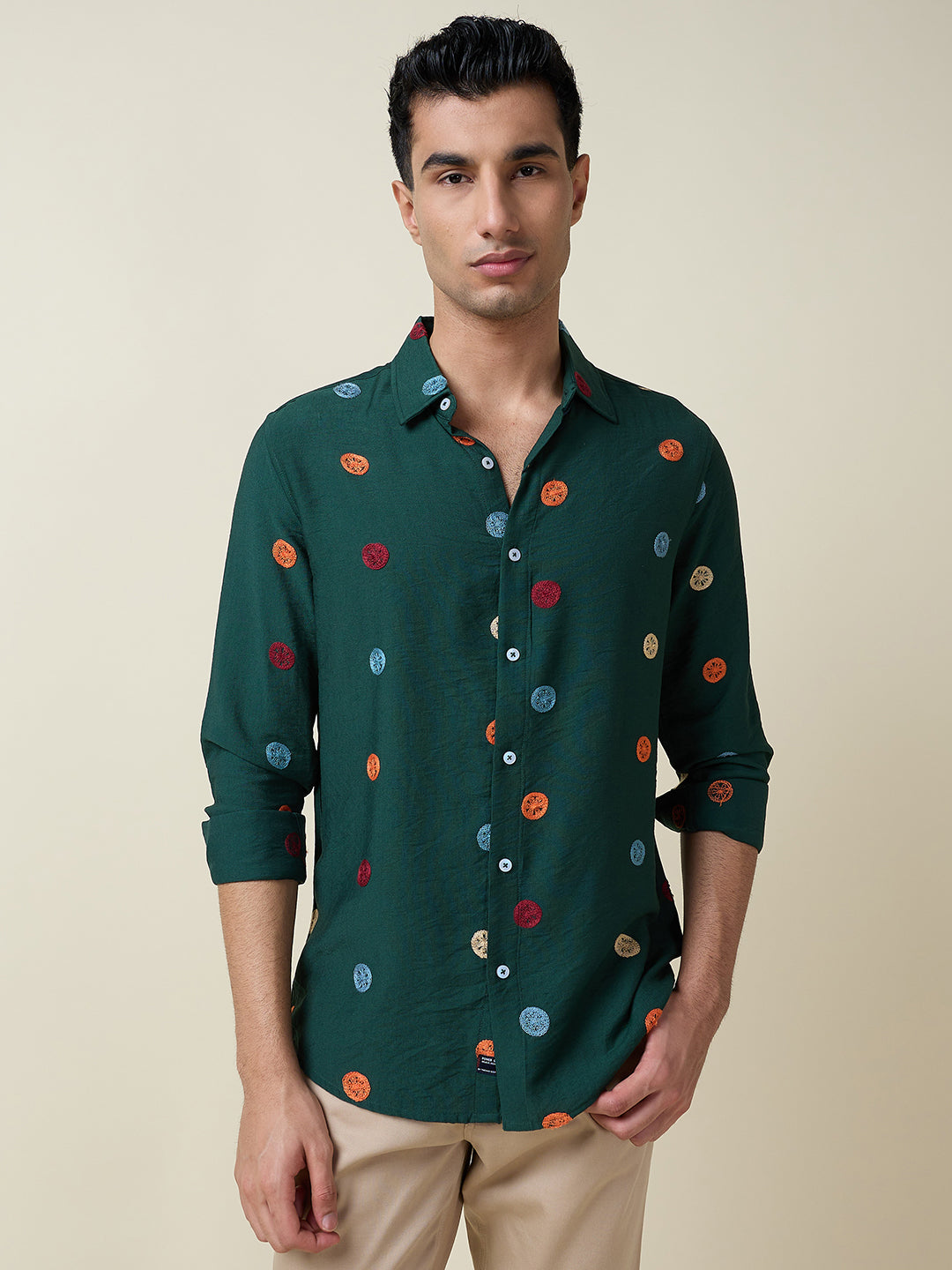 Thomas Scott Men Dk.Green Long Sleeves Spread Collar Slim Fit Embroidered Shirt