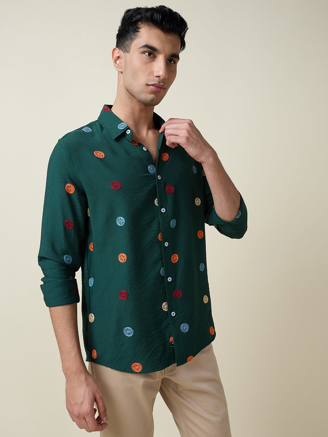 Thomas Scott Men Dk.Green Long Sleeves Spread Collar Slim Fit Embroidered Shirt