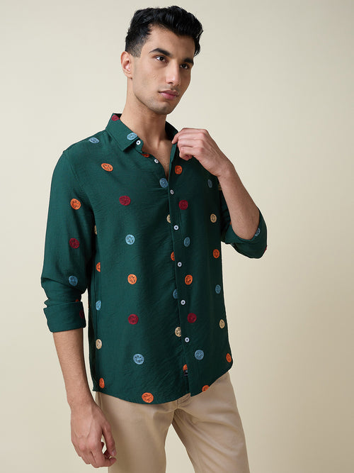 Thomas Scott Men Dk.Green Long Sleeves Spread Collar Slim Fit Embroidered Shirt