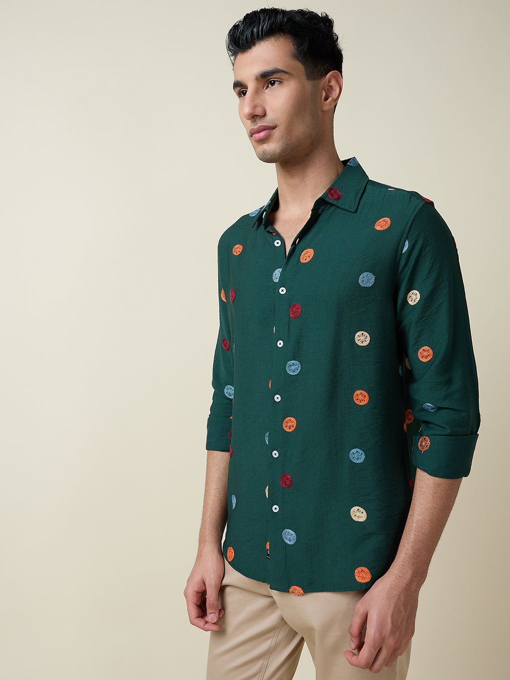 Thomas Scott Men Dk.Green Long Sleeves Spread Collar Slim Fit Embroidered Shirt