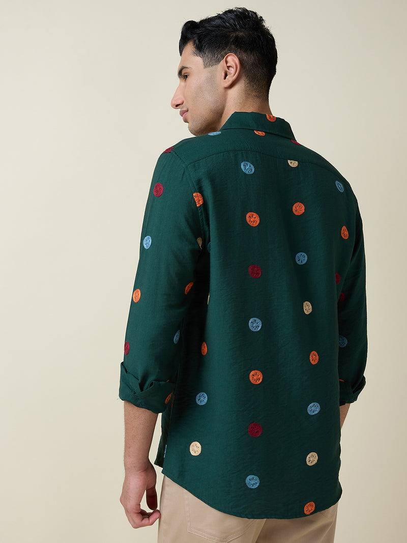 Thomas Scott Men Dk.Green Long Sleeves Spread Collar Slim Fit Embroidered Shirt