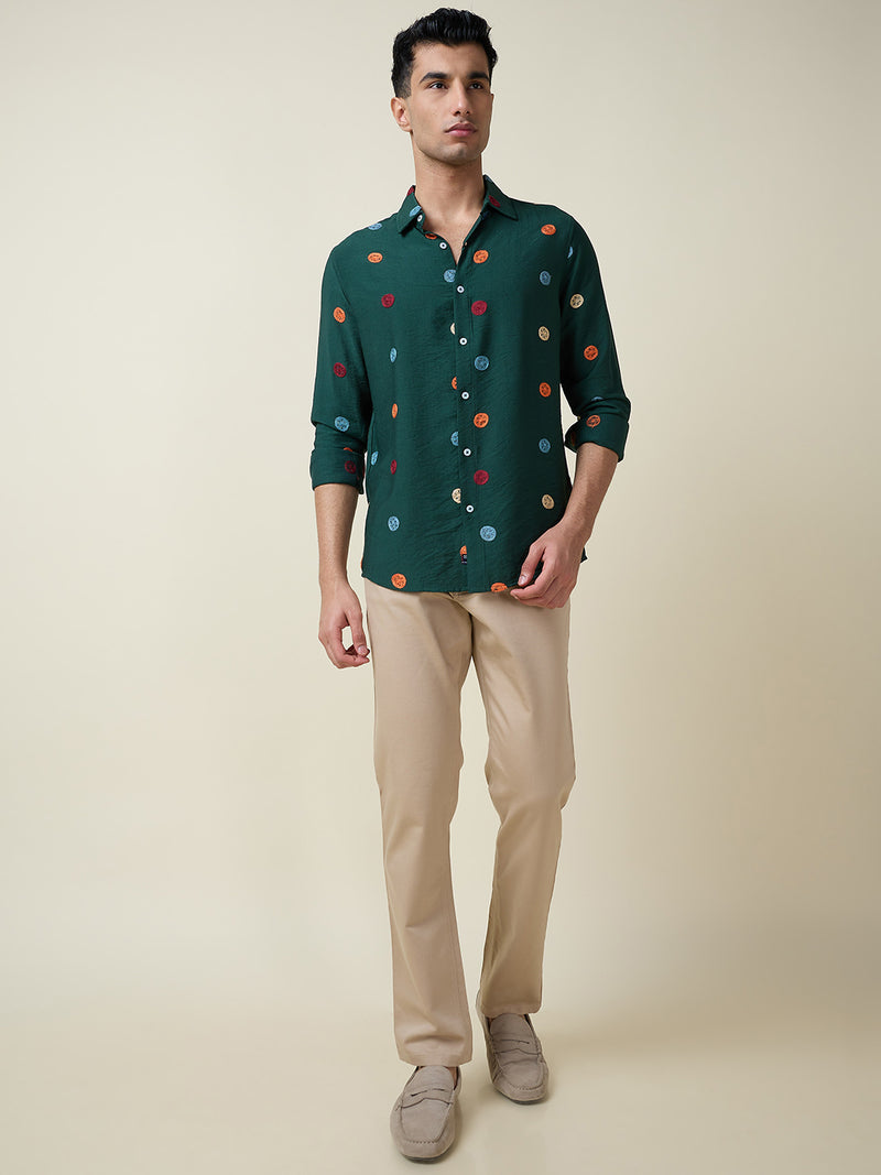 Thomas Scott Men Dk.Green Long Sleeves Spread Collar Slim Fit Embroidered Shirt