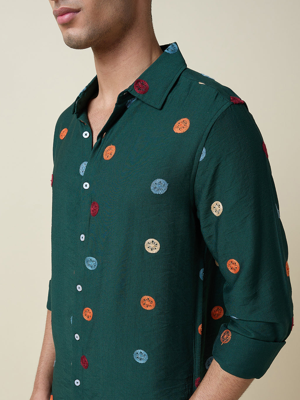 Thomas Scott Men Dk.Green Long Sleeves Spread Collar Slim Fit Embroidered Shirt