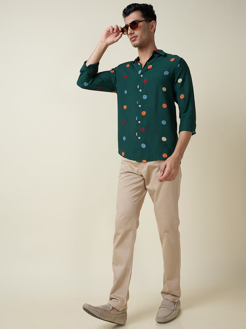 Thomas Scott Men Dk.Green Long Sleeves Spread Collar Slim Fit Embroidered Shirt