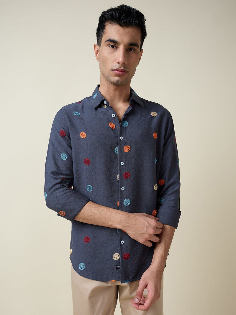 Thomas Scott Men Mid Blue Long Sleeves Spread Collar Slim Fit Embroidered Shirt