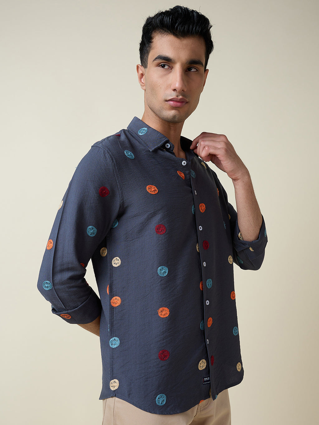 Thomas Scott Men Mid Blue Long Sleeves Spread Collar Slim Fit Embroidered Shirt