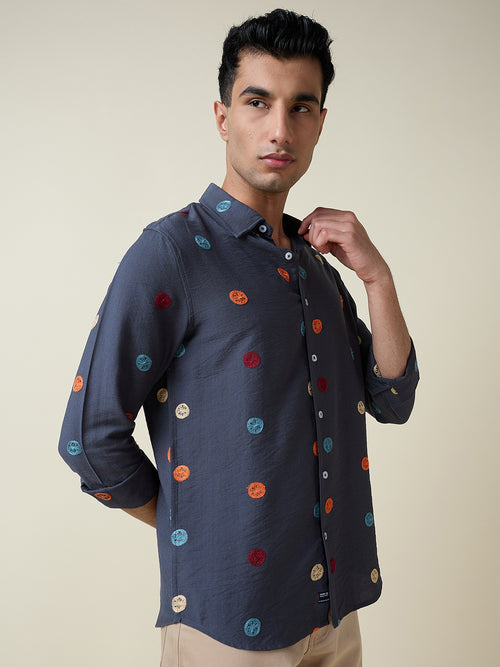 Thomas Scott Men Mid Blue Long Sleeves Spread Collar Slim Fit Embroidered Shirt
