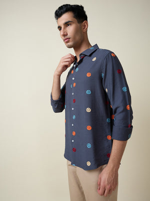 Thomas Scott Men Mid Blue Long Sleeves Spread Collar Slim Fit Embroidered Shirt