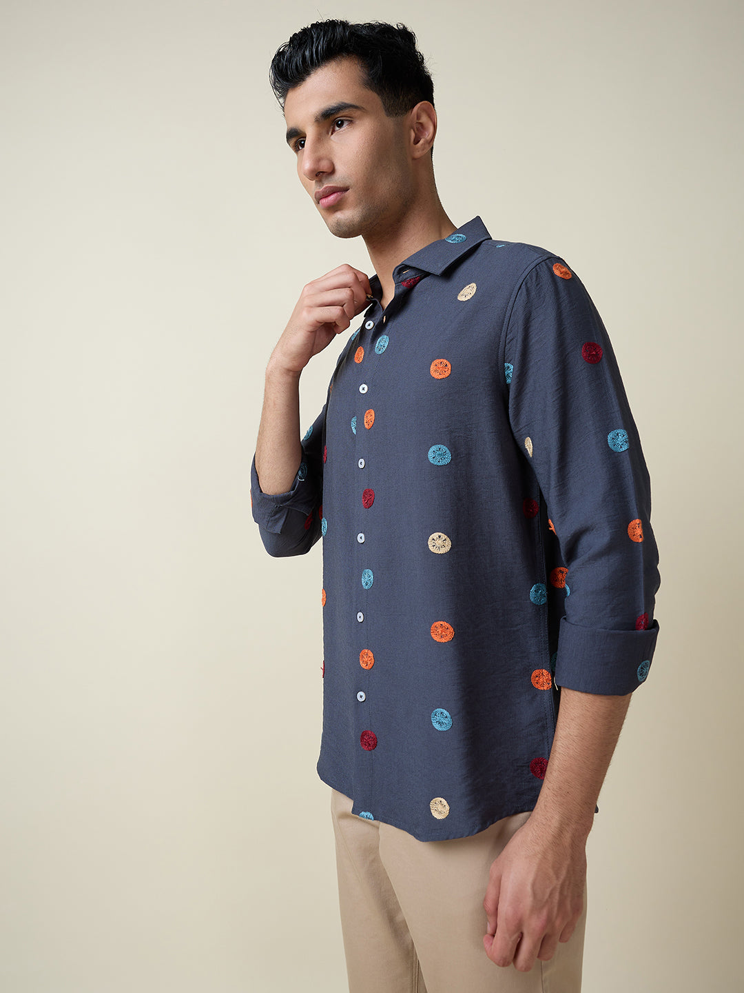 Thomas Scott Men Mid Blue Long Sleeves Spread Collar Slim Fit Embroidered Shirt