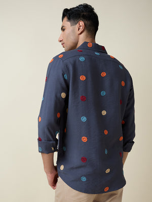 Thomas Scott Men Mid Blue Long Sleeves Spread Collar Slim Fit Embroidered Shirt