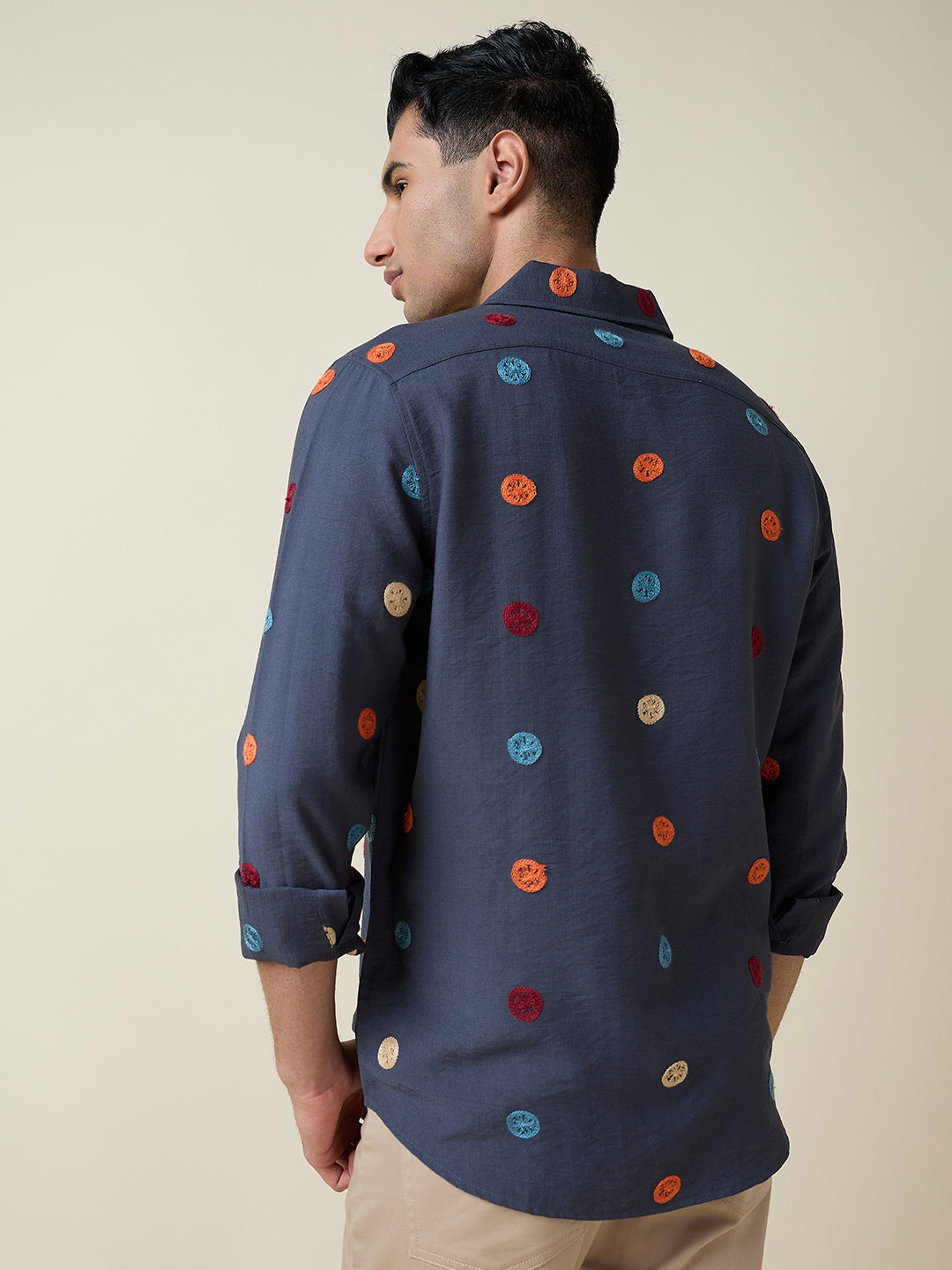 Thomas Scott Men Mid Blue Long Sleeves Spread Collar Slim Fit Embroidered Shirt