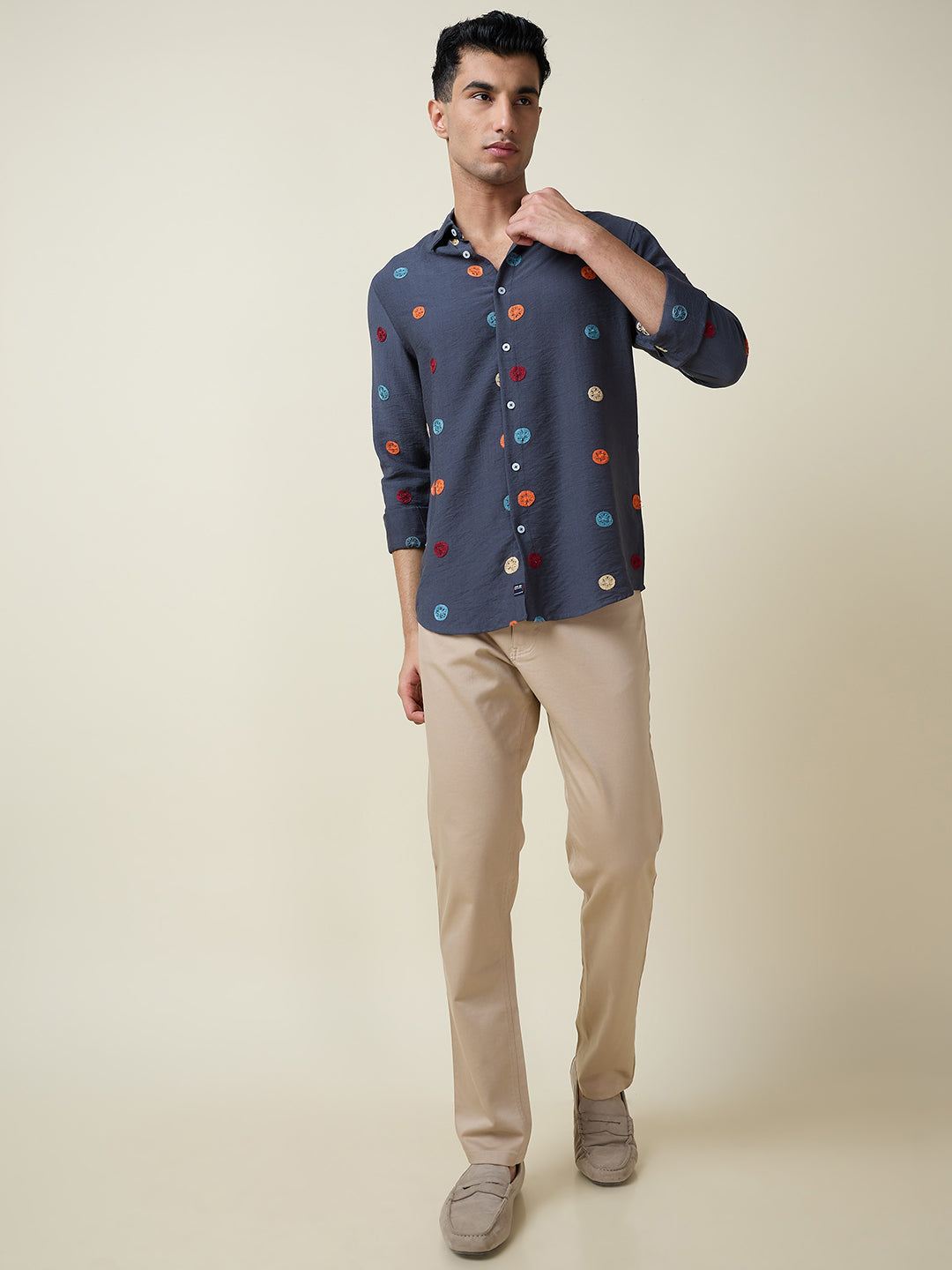 Thomas Scott Men Mid Blue Long Sleeves Spread Collar Slim Fit Embroidered Shirt