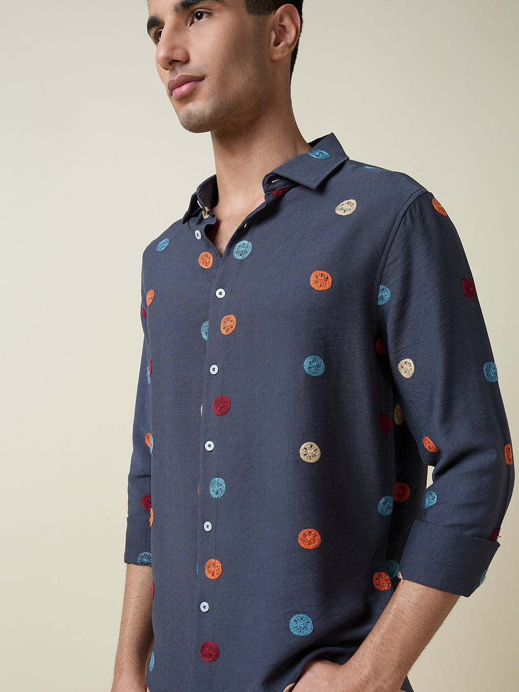 Thomas Scott Men Mid Blue Long Sleeves Spread Collar Slim Fit Embroidered Shirt