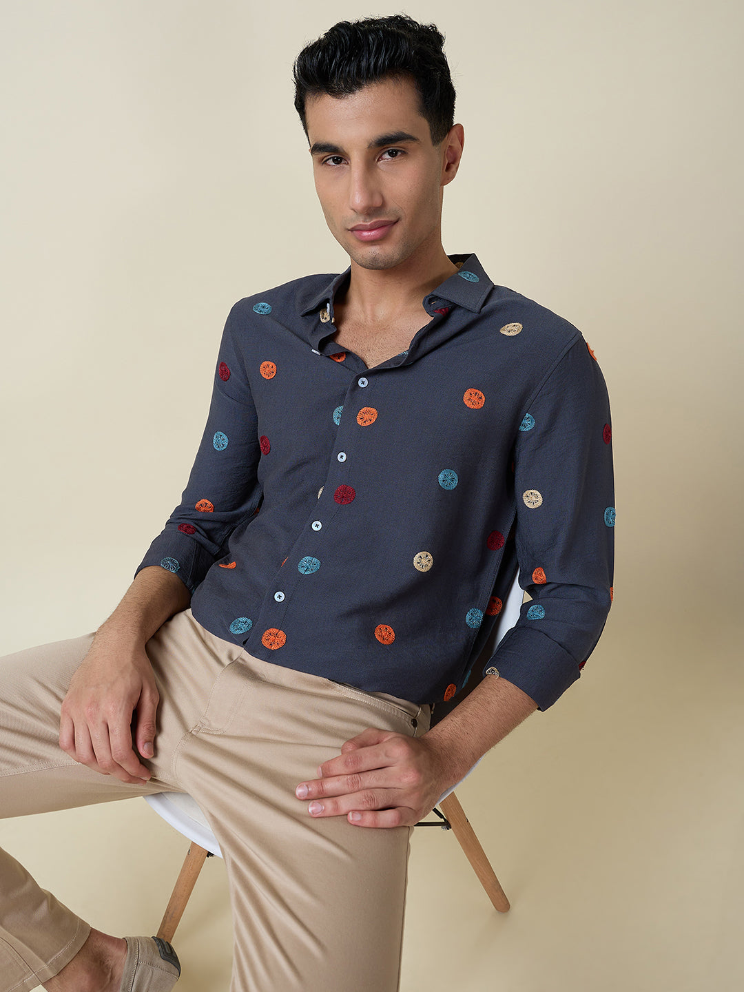 Thomas Scott Men Mid Blue Long Sleeves Spread Collar Slim Fit Embroidered Shirt
