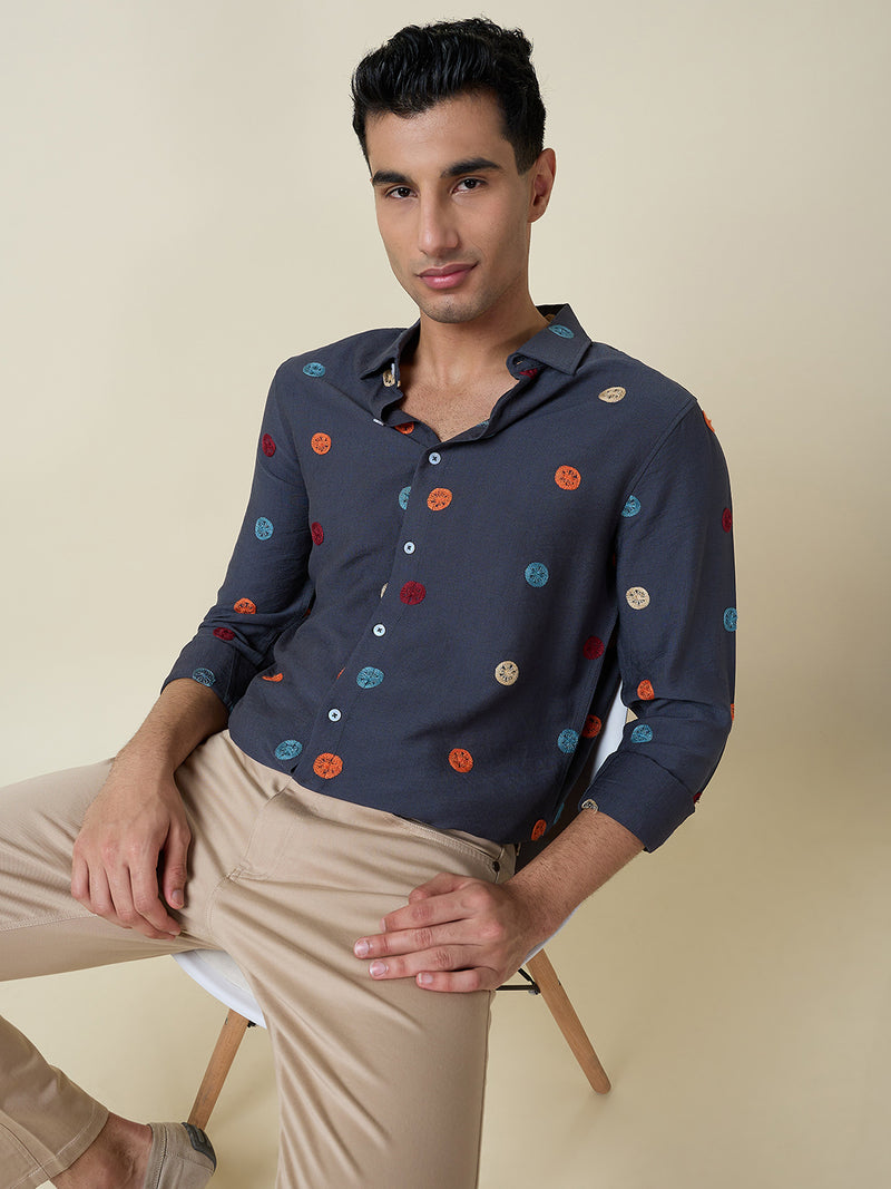 Thomas Scott Men Mid Blue Long Sleeves Spread Collar Slim Fit Embroidered Shirt