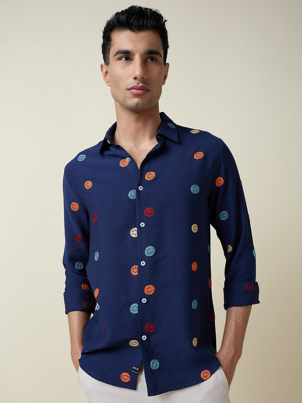 Thomas Scott Men Navy Long Sleeves Spread Collar Slim Fit Embroidered Shirt