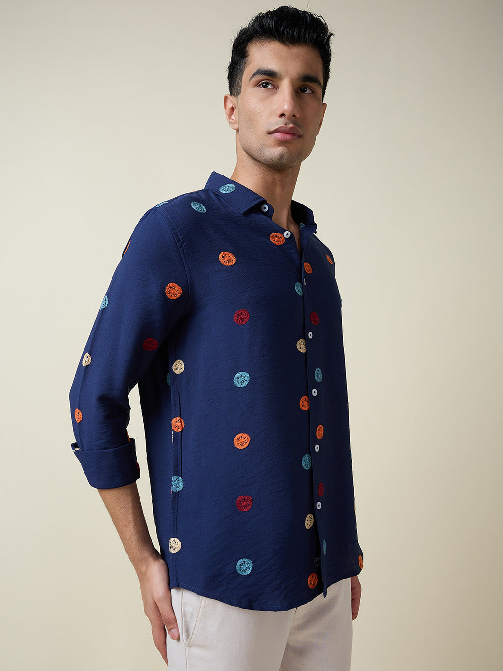 Thomas Scott Men Navy Long Sleeves Spread Collar Slim Fit Embroidered Shirt