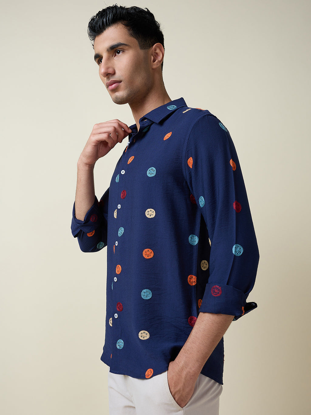 Thomas Scott Men Navy Long Sleeves Spread Collar Slim Fit Embroidered Shirt
