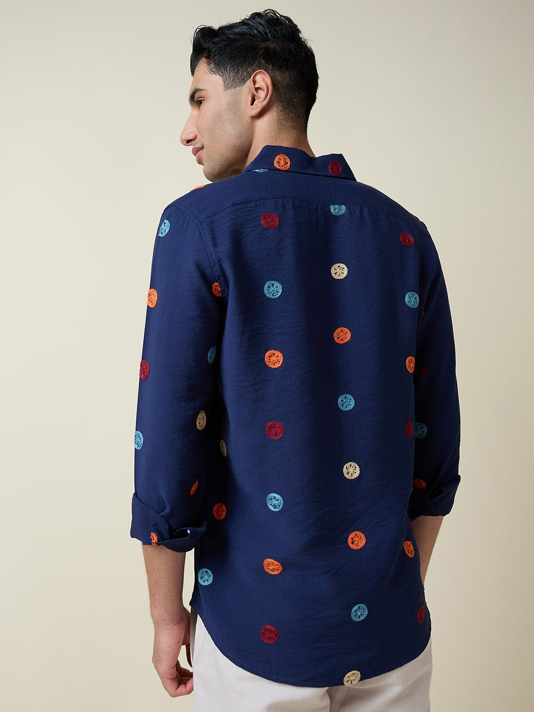 Thomas Scott Men Navy Long Sleeves Spread Collar Slim Fit Embroidered Shirt