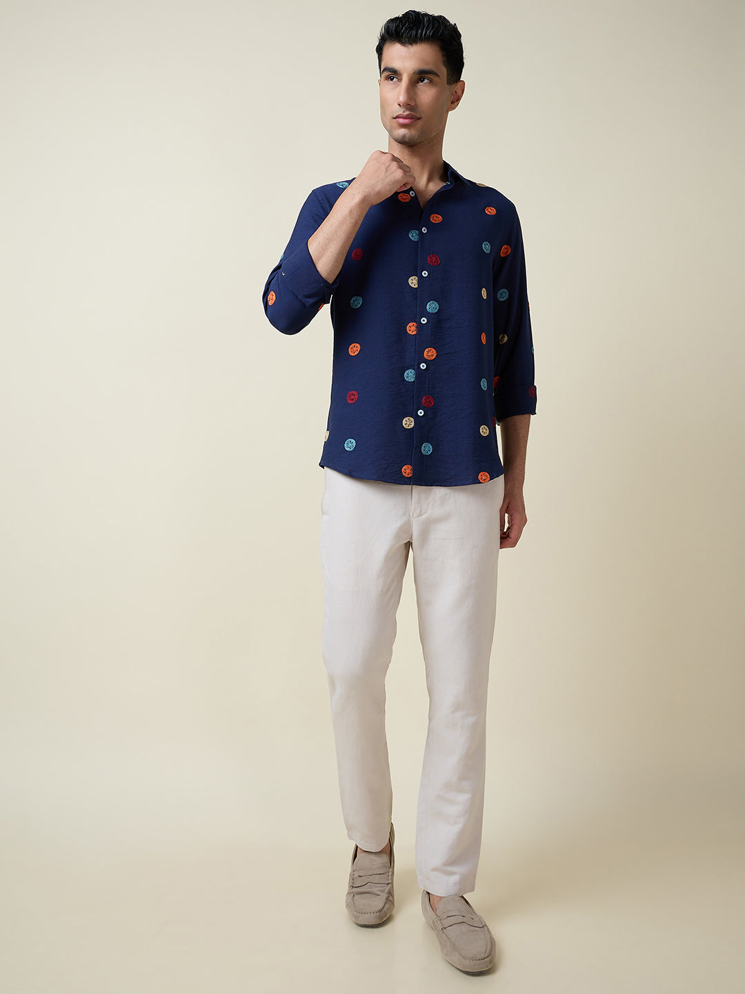 Thomas Scott Men Navy Long Sleeves Spread Collar Slim Fit Embroidered Shirt