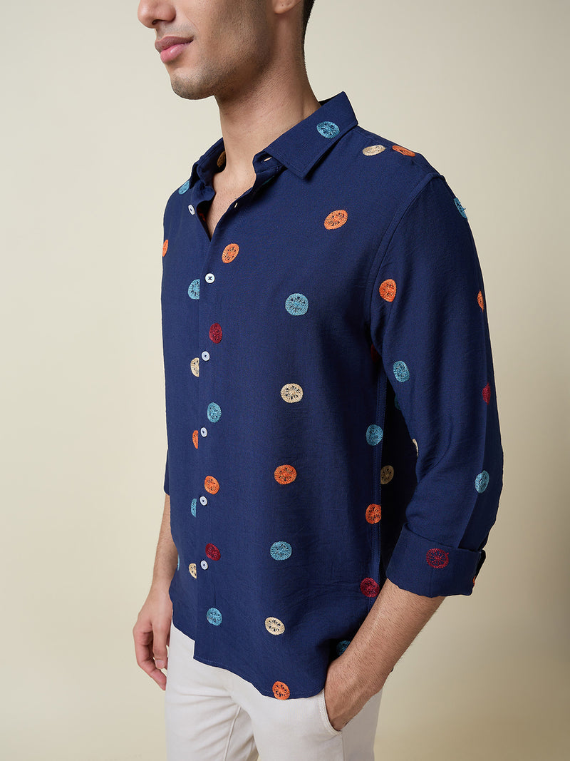 Thomas Scott Men Navy Long Sleeves Spread Collar Slim Fit Embroidered Shirt