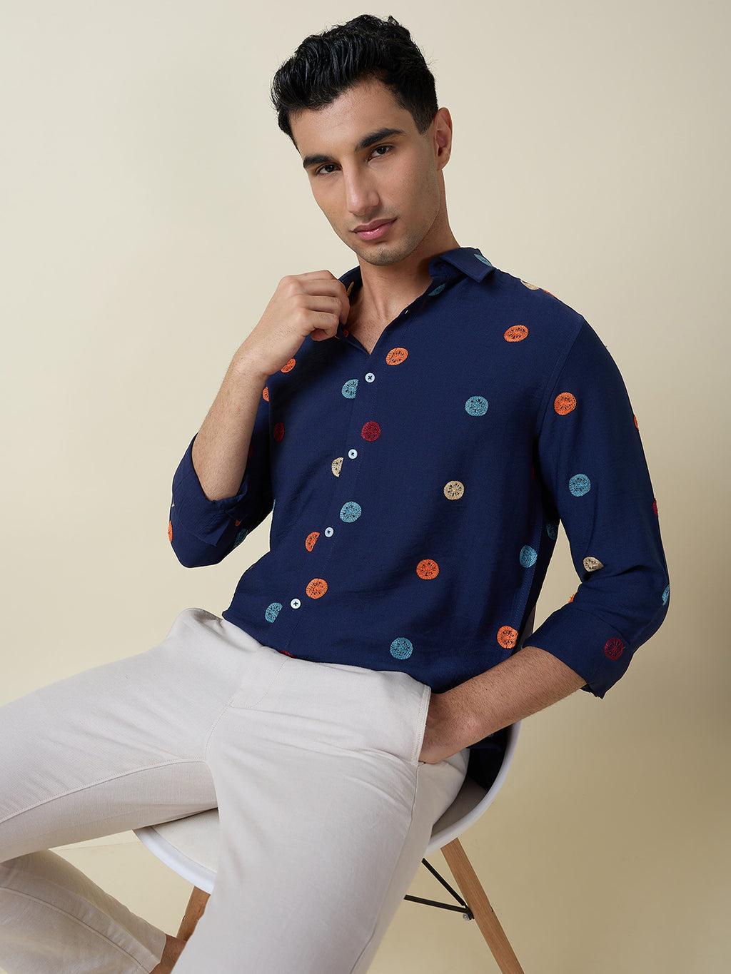 Thomas Scott Men Navy Long Sleeves Spread Collar Slim Fit Embroidered Shirt