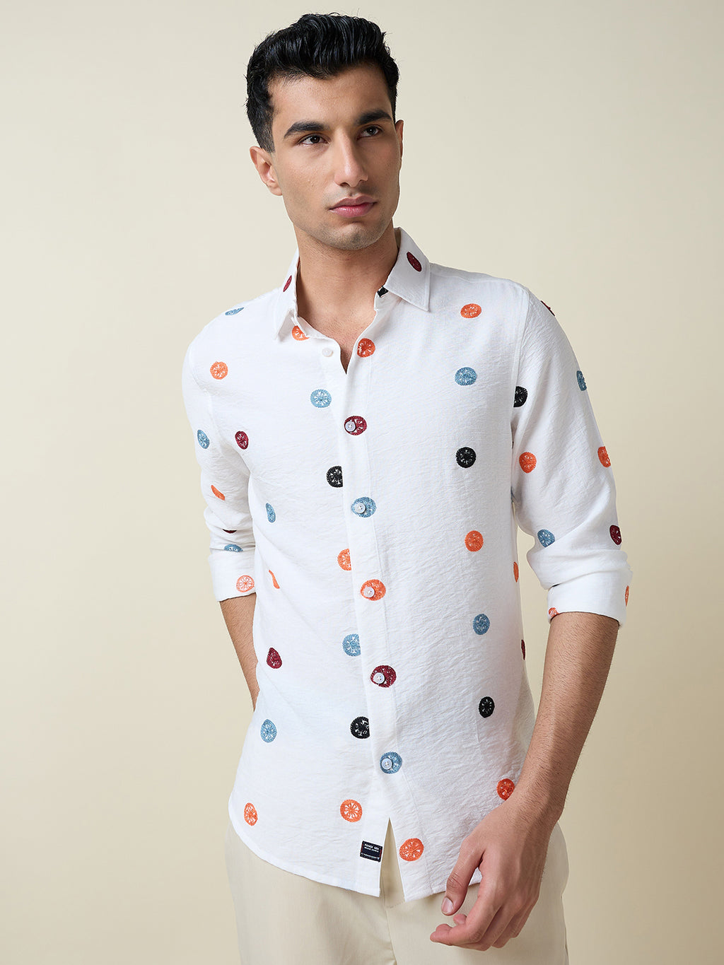 Thomas Scott Men White Long Sleeves Spread Collar Slim Fit Embroidered Shirt