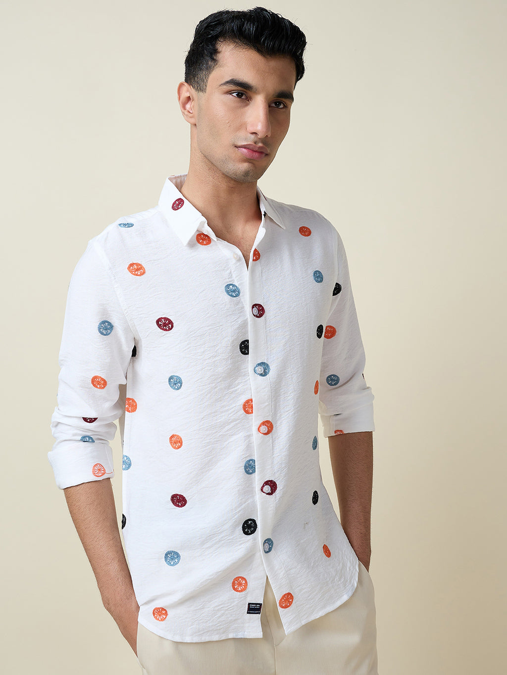 Thomas Scott Men White Long Sleeves Spread Collar Slim Fit Embroidered Shirt