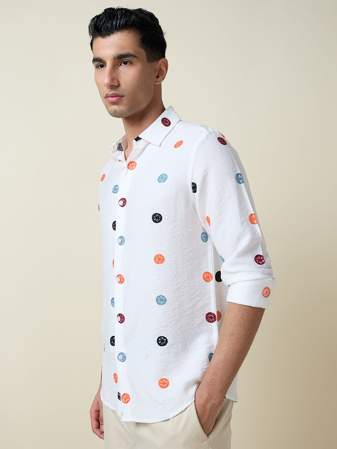 Thomas Scott Men White Long Sleeves Spread Collar Slim Fit Embroidered Shirt