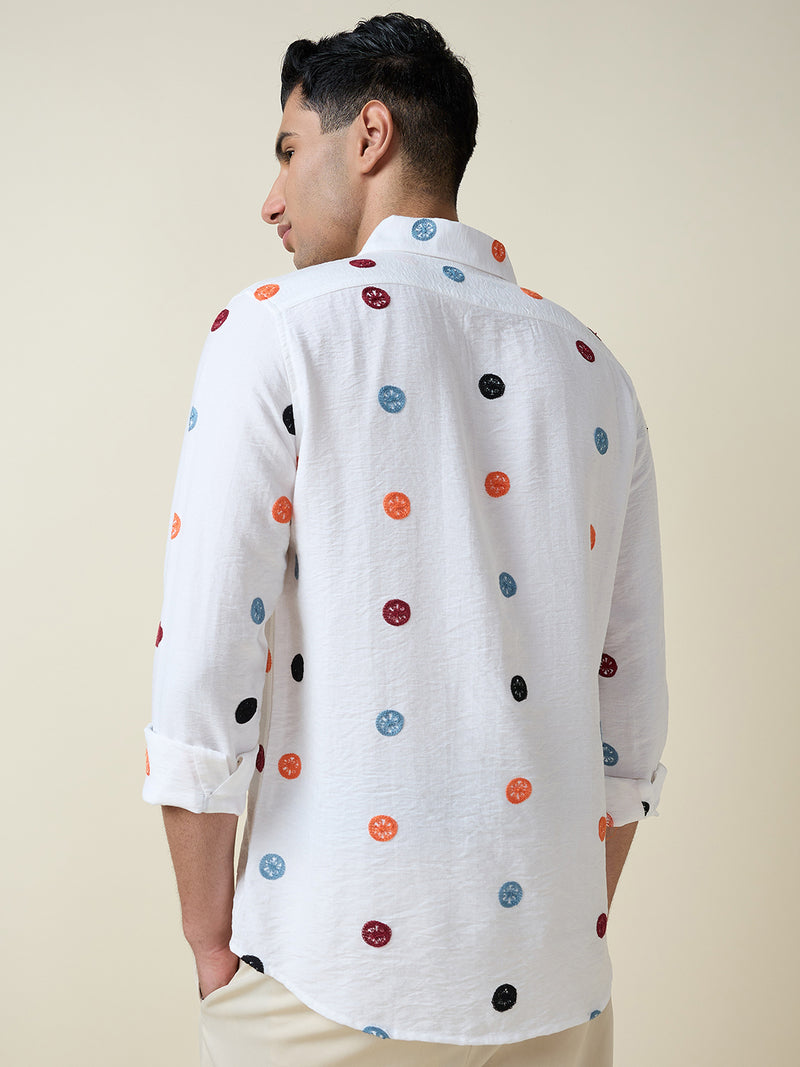 Thomas Scott Men White Long Sleeves Spread Collar Slim Fit Embroidered Shirt