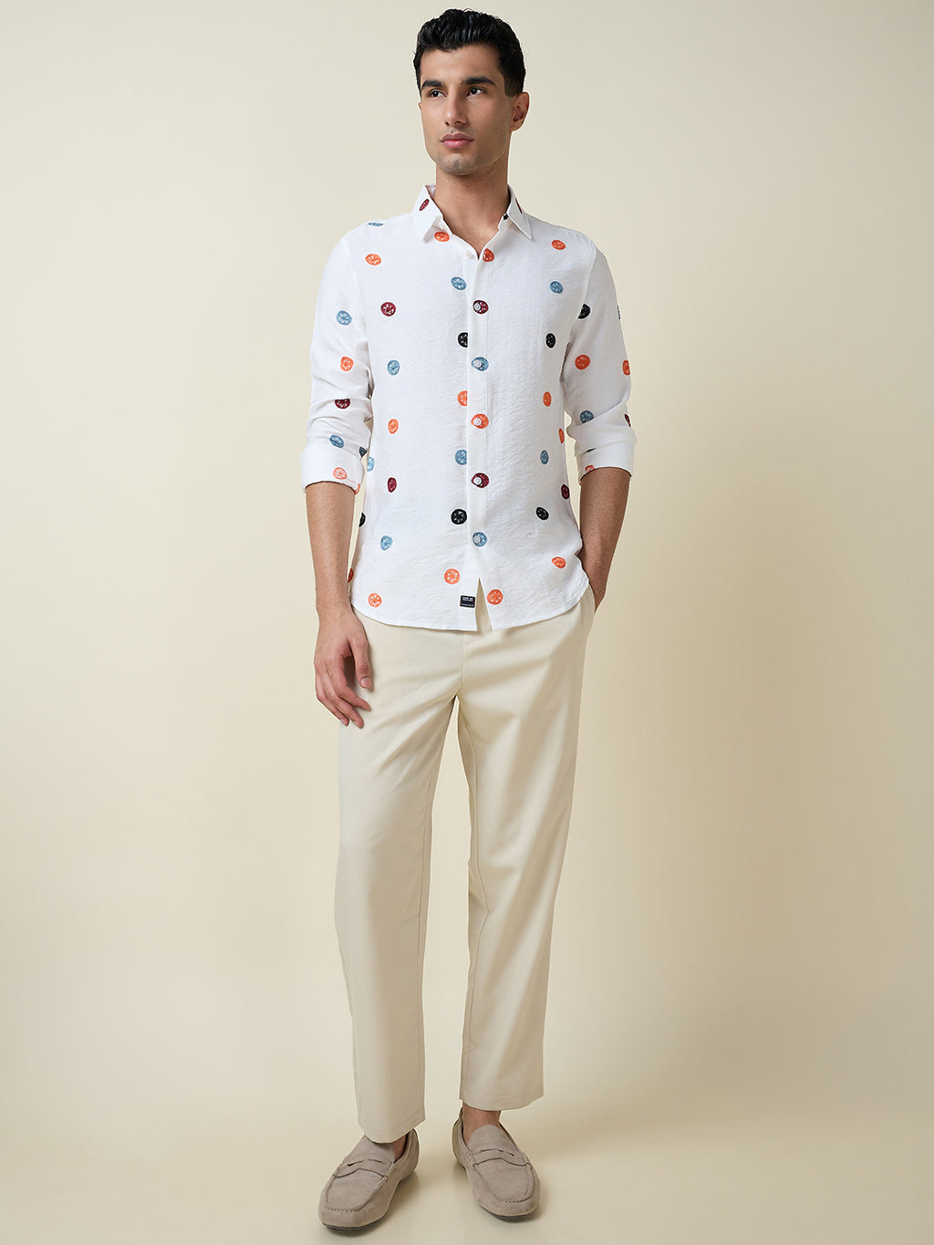 Thomas Scott Men White Long Sleeves Spread Collar Slim Fit Embroidered Shirt