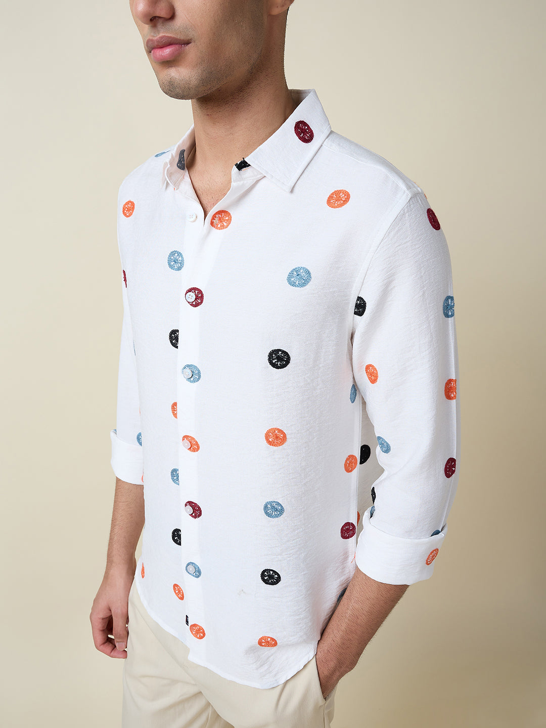 Thomas Scott Men White Long Sleeves Spread Collar Slim Fit Embroidered Shirt