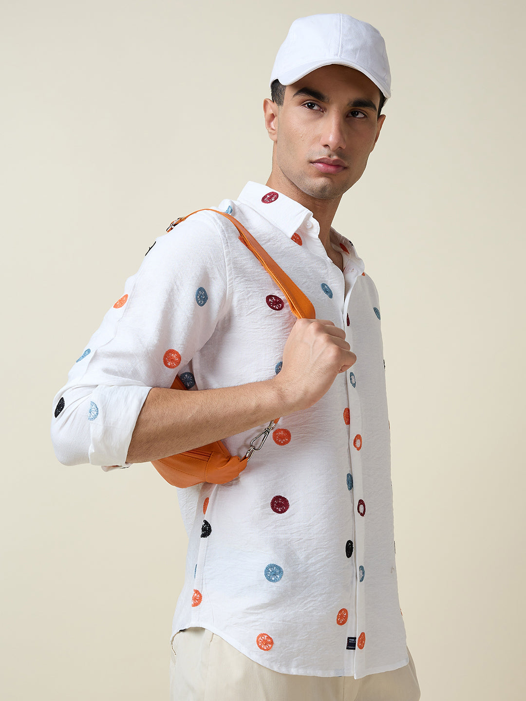 Thomas Scott Men White Long Sleeves Spread Collar Slim Fit Embroidered Shirt