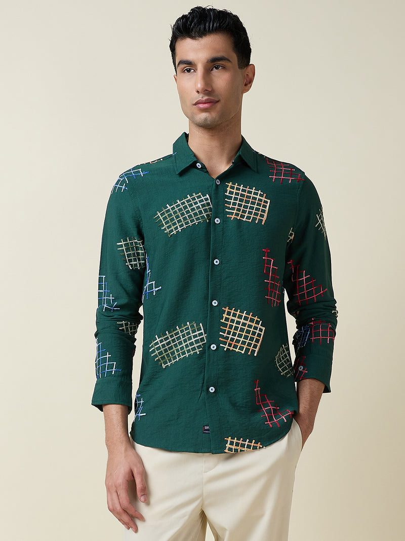 Thomas Scott Men Dk.Green Long Sleeves Spread Collar Slim Fit Embroidered Shirt