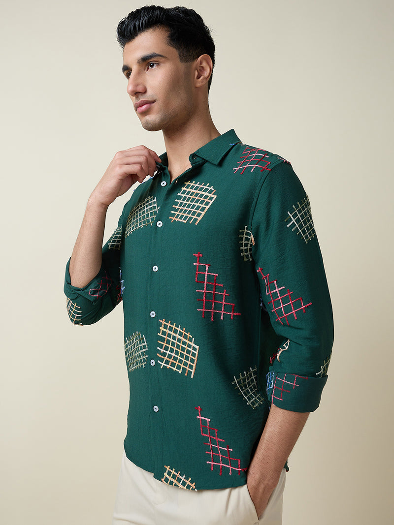 Thomas Scott Men Dk.Green Long Sleeves Spread Collar Slim Fit Embroidered Shirt