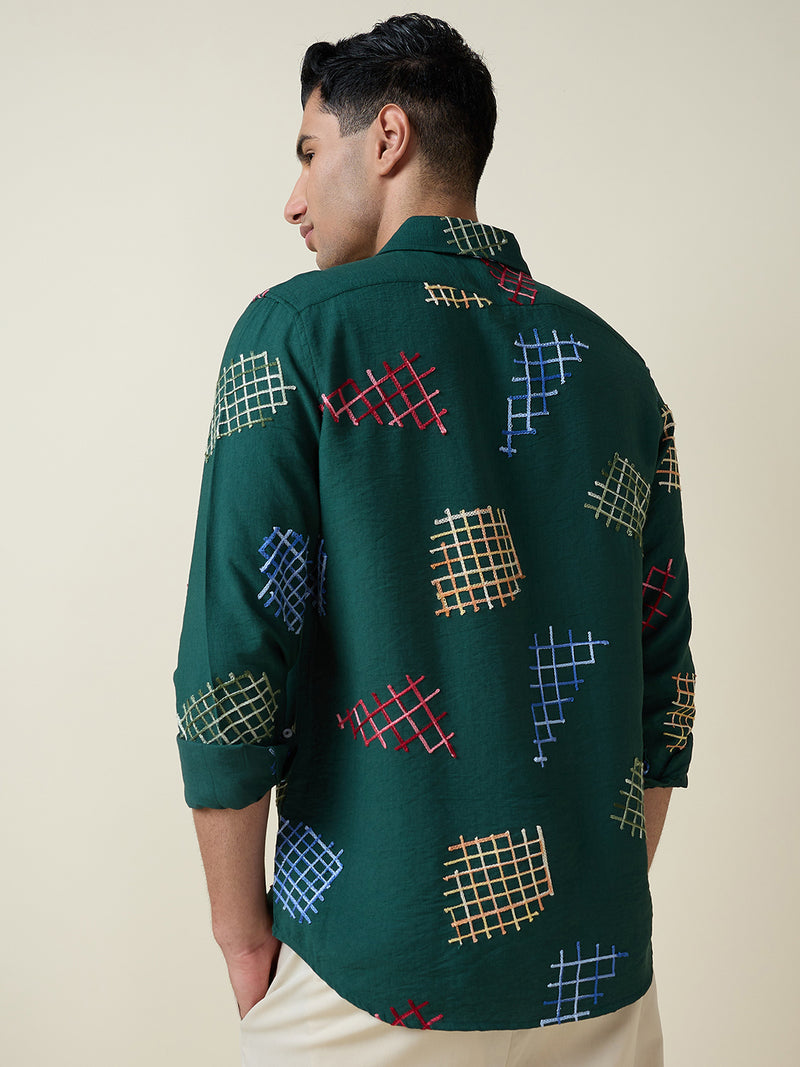 Thomas Scott Men Dk.Green Long Sleeves Spread Collar Slim Fit Embroidered Shirt