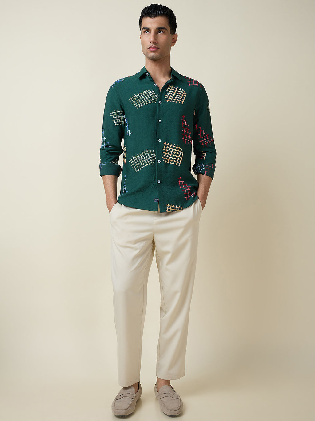 Thomas Scott Men Dk.Green Long Sleeves Spread Collar Slim Fit Embroidered Shirt