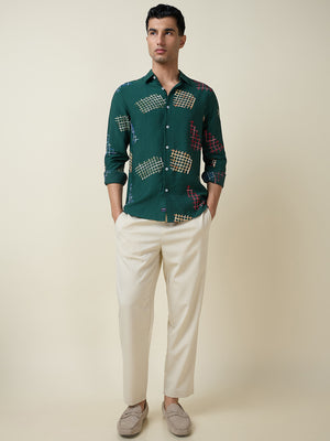 Thomas Scott Men Dk.Green Long Sleeves Spread Collar Slim Fit Embroidered Shirt