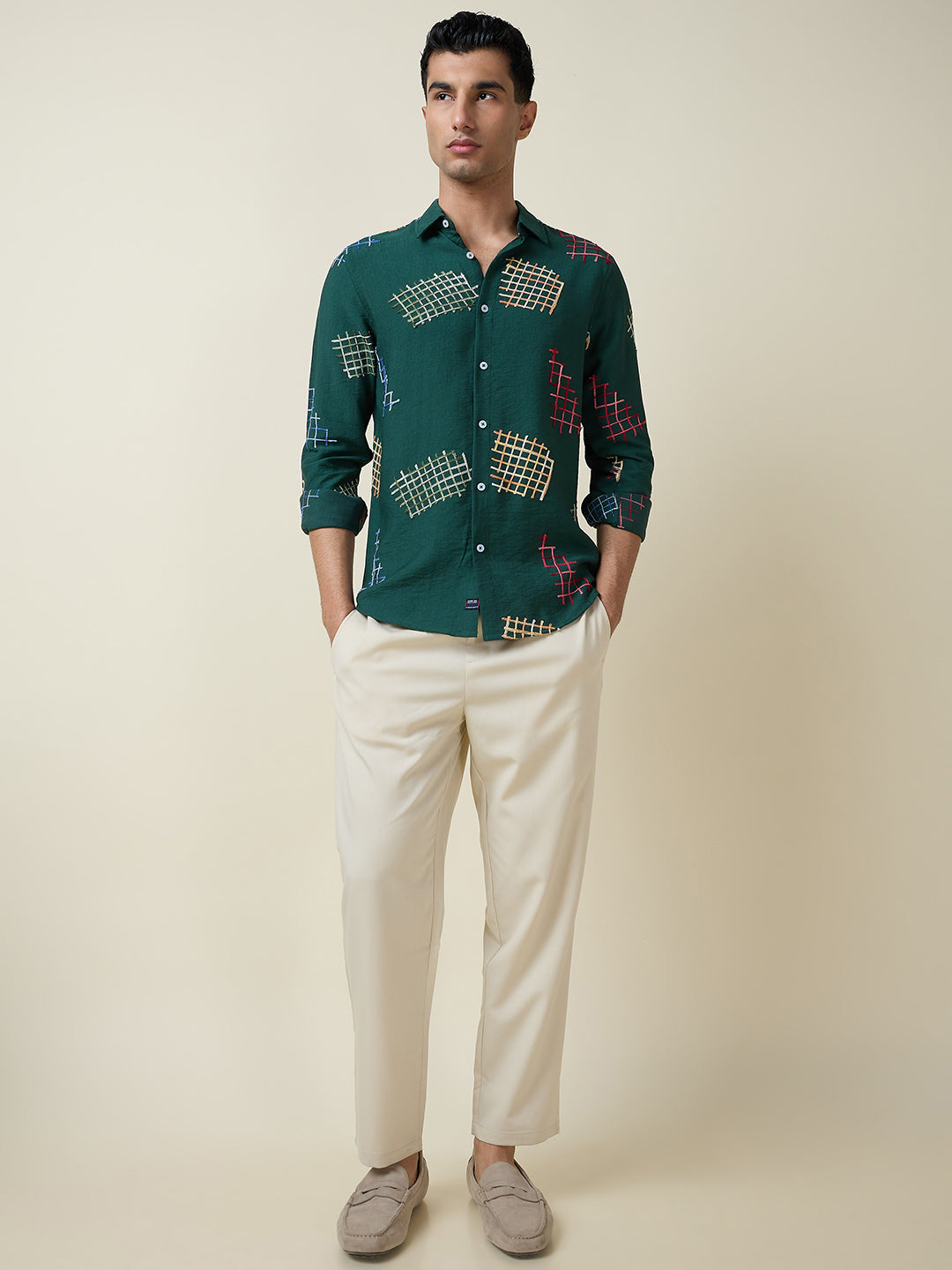 Thomas Scott Men Dk.Green Long Sleeves Spread Collar Slim Fit Embroidered Shirt