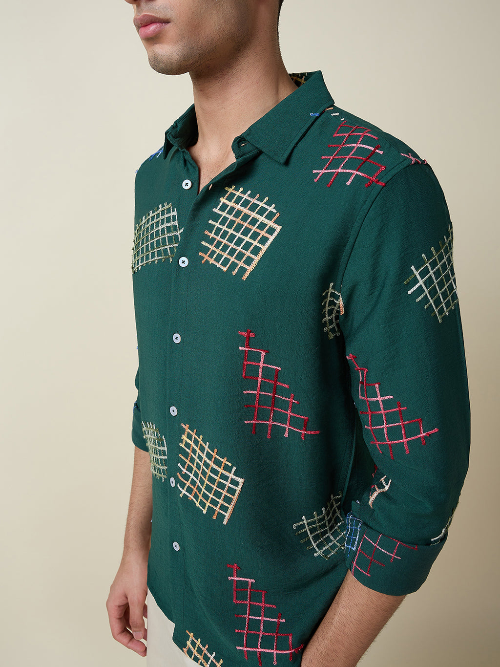 Thomas Scott Men Dk.Green Long Sleeves Spread Collar Slim Fit Embroidered Shirt