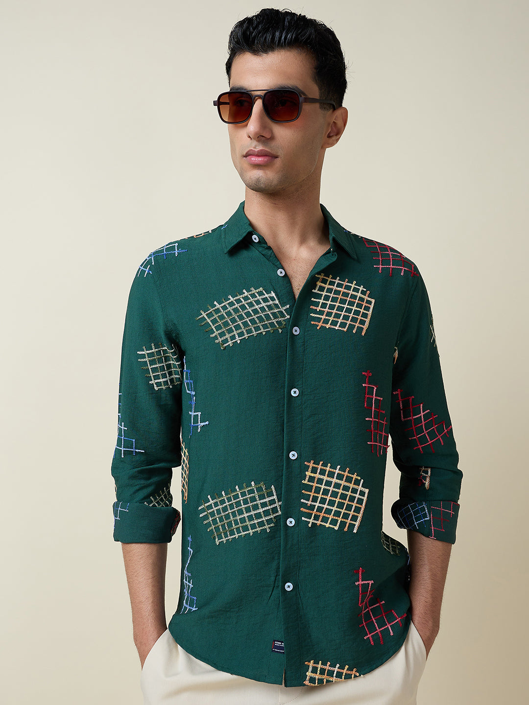 Thomas Scott Men Dk.Green Long Sleeves Spread Collar Slim Fit Embroidered Shirt