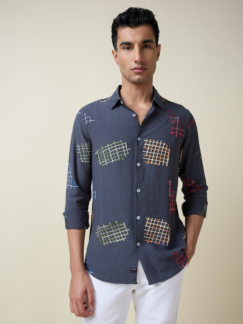 Thomas Scott Men Mid Blue Long Sleeves Spread Collar Slim Fit Embroidered Shirt