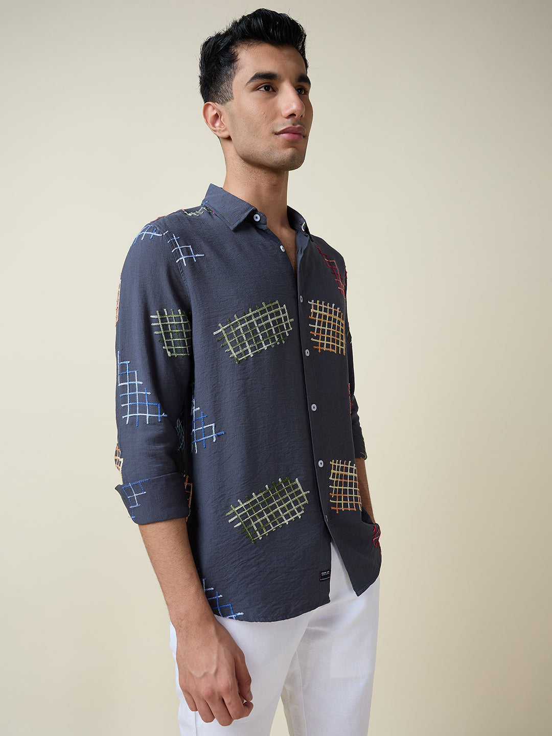 Thomas Scott Men Mid Blue Long Sleeves Spread Collar Slim Fit Embroidered Shirt