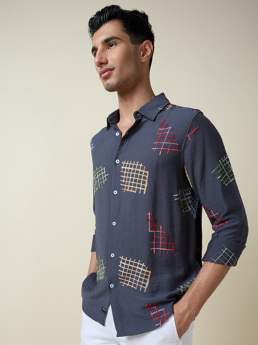 Thomas Scott Men Mid Blue Long Sleeves Spread Collar Slim Fit Embroidered Shirt