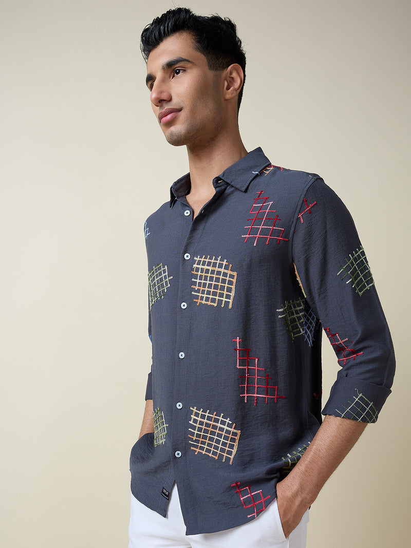 Thomas Scott Men Mid Blue Long Sleeves Spread Collar Slim Fit Embroidered Shirt