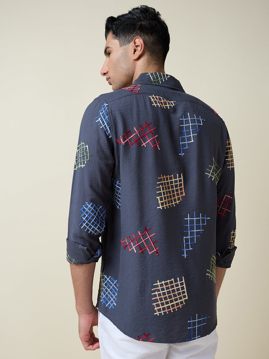 Thomas Scott Men Mid Blue Long Sleeves Spread Collar Slim Fit Embroidered Shirt