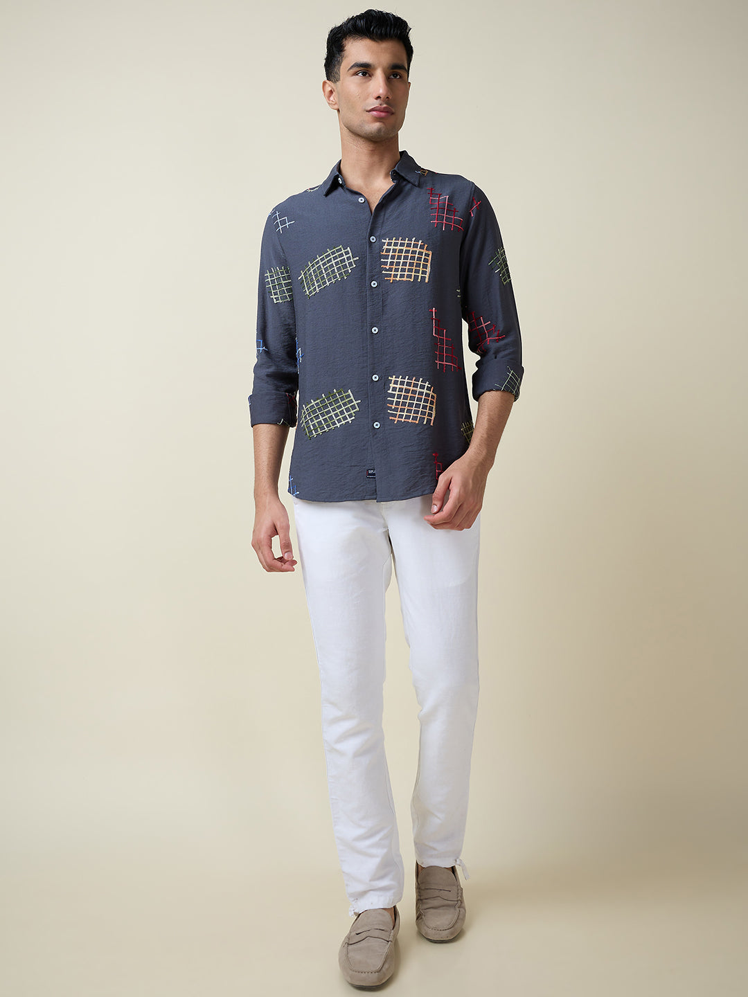 Thomas Scott Men Mid Blue Long Sleeves Spread Collar Slim Fit Embroidered Shirt